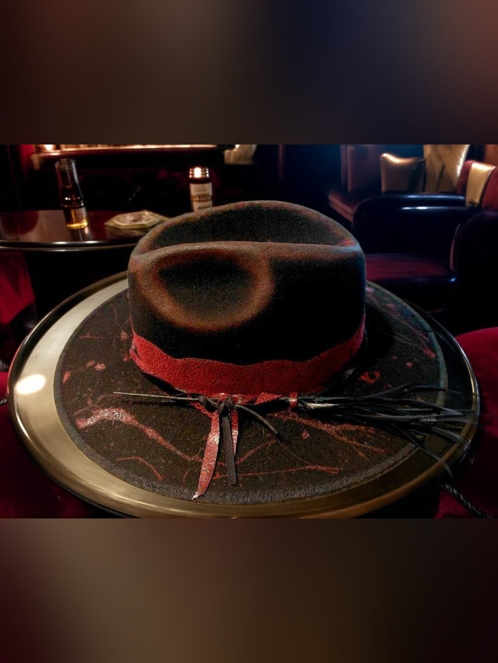 Distressed Men's Custom Black Felt Fedora with Red Accent Band